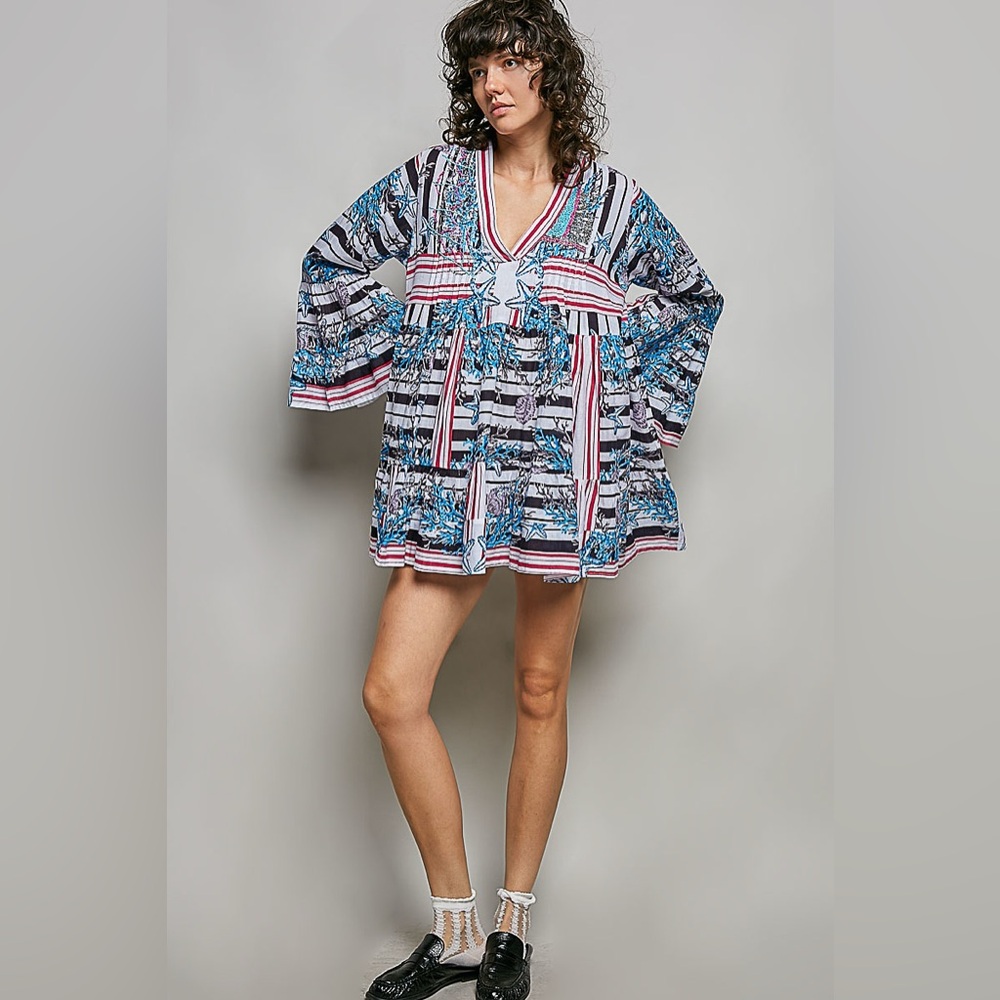 POL Striped Floral Long Sleeve Mini Dress with Pintuck Detail🆕